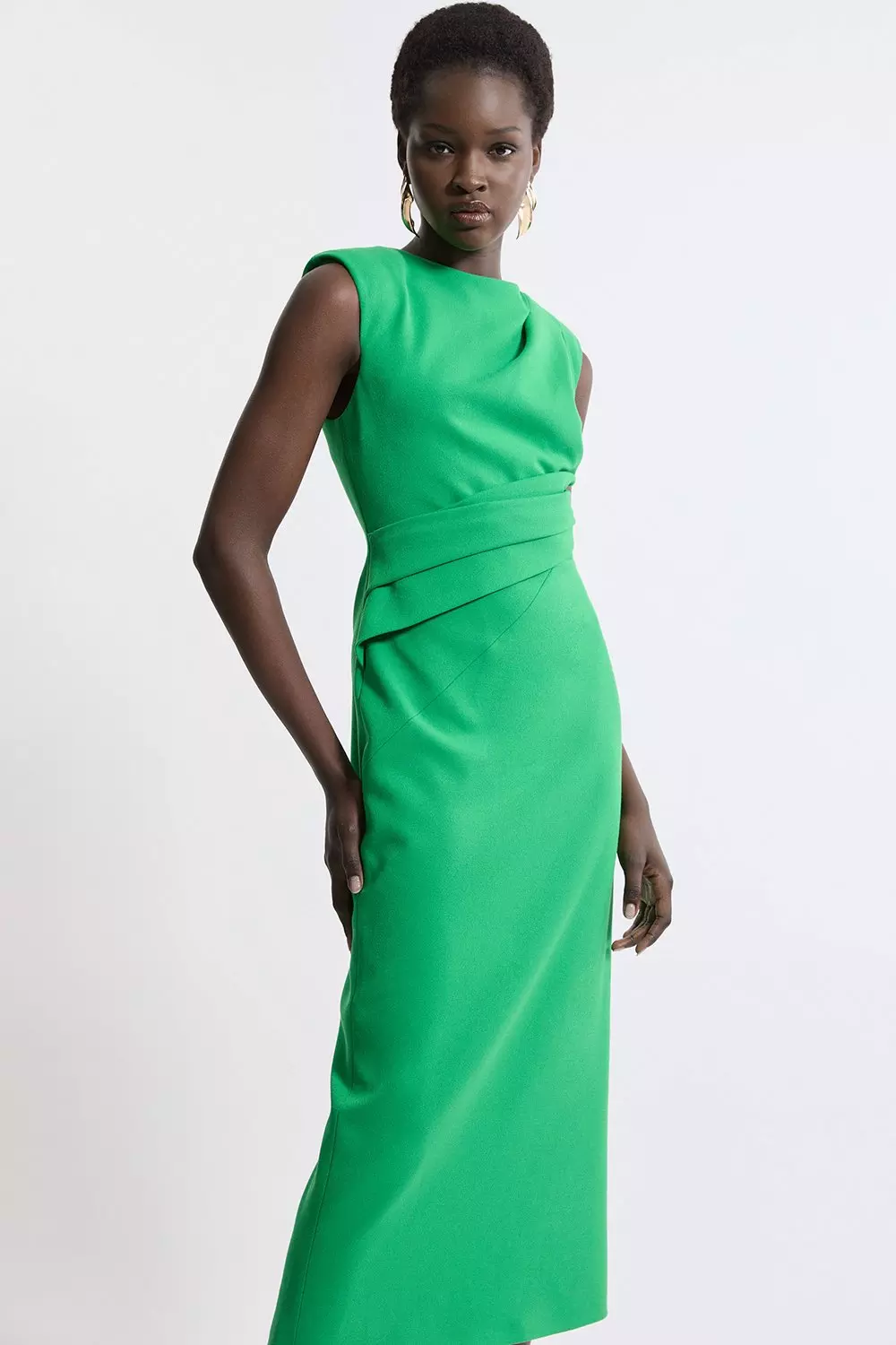 Structured Crepe Asymmetric Drape Waist Tailored Midi Dress Karen Millen